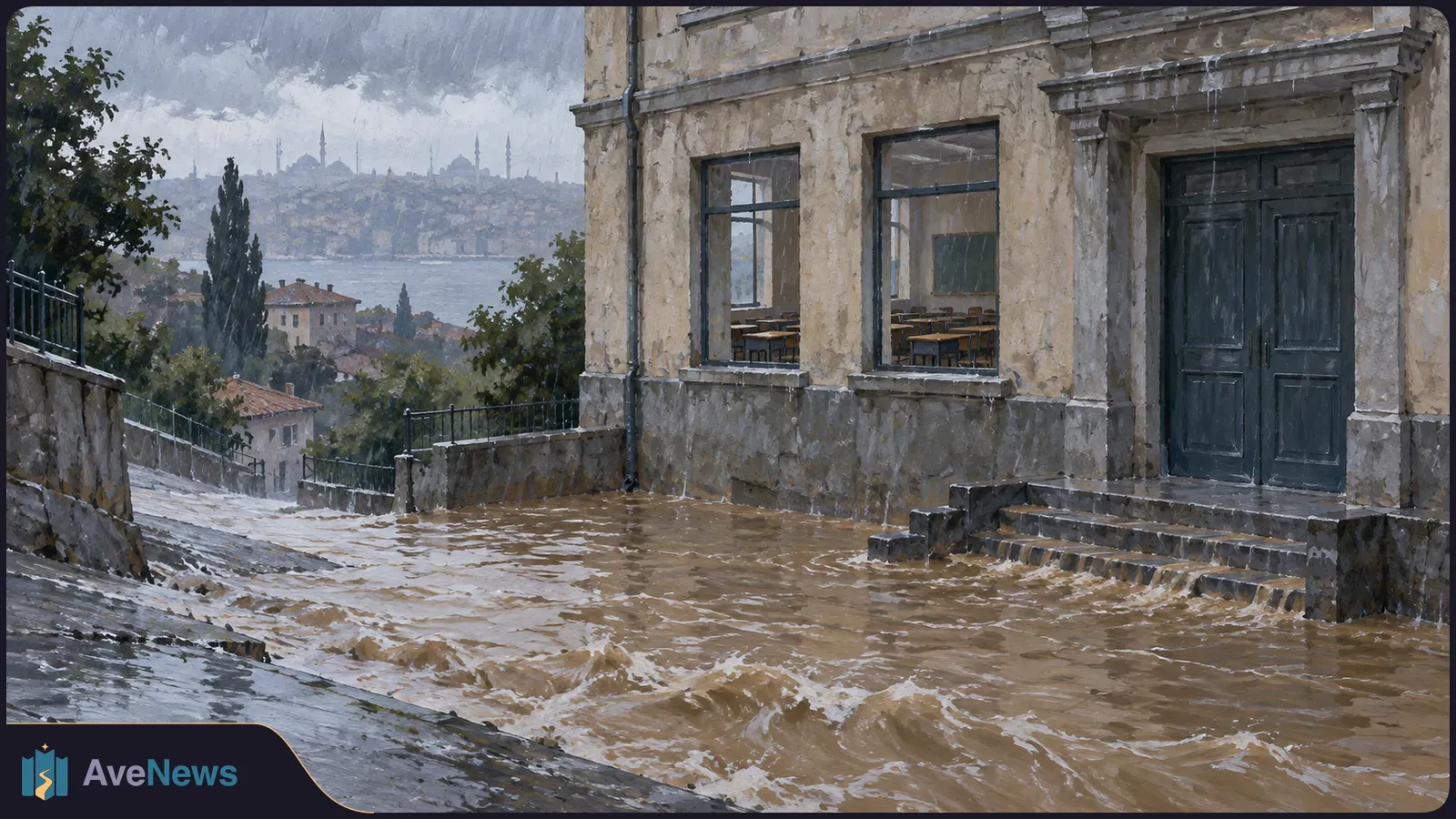 A painted scene of muddy floodwater rushing past a stone building with empty classroom desks visible through its windows; a city skyline lies beyond a waterway. SI illustration