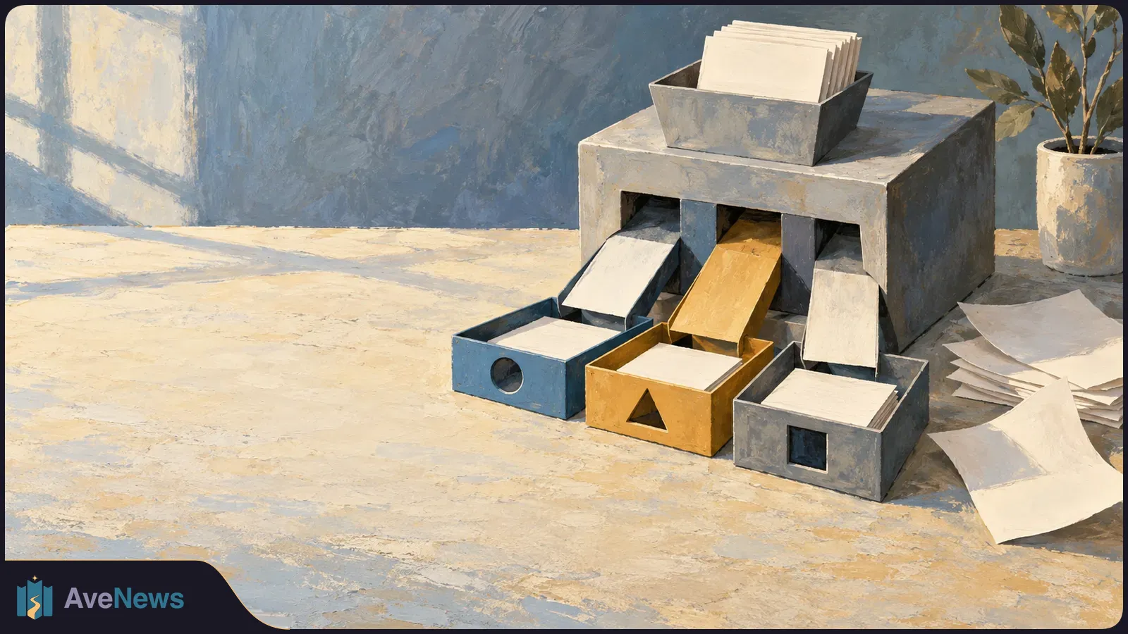 Painted illustration of blank sheets sliding from a gray sorting machine into three colored trays with circle, triangle and square cutouts. More sheets and a potted plant sit nearby. SI illustration