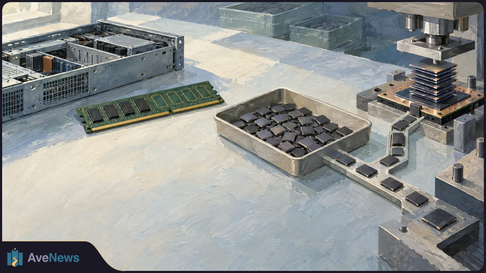 Painted illustration of a server chassis and RAM stick beside a tray of chips; a machine press holds a stack of chips on the right. SI illustration