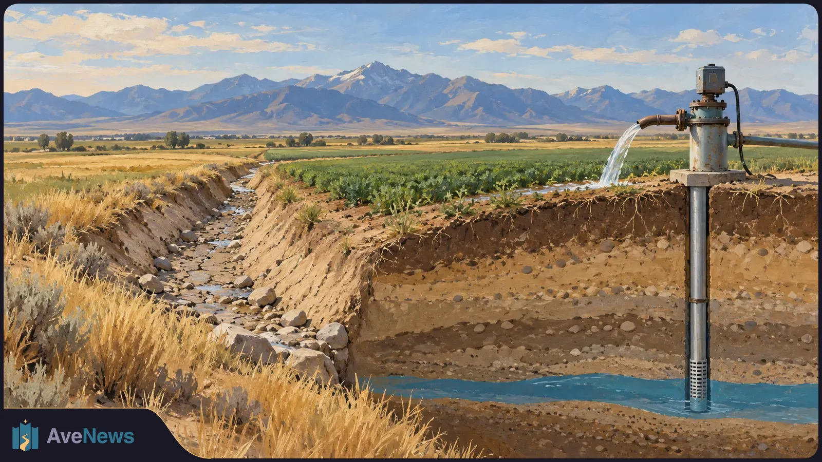 Illustration of a well pumping water beside cropland and a nearly dry irrigation ditch. A cutaway shows soil layers and groundwater beneath, with mountains in the distance. SI illustration