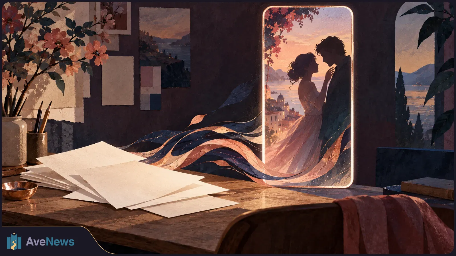 Illustration of a couple facing each other inside a glowing vertical phone-shaped frame, with blank papers, pencils and flowers on a desk beside it. SI illustration