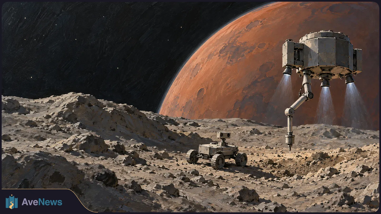A small wheeled rover sits on rocky gray terrain beside a hovering spacecraft with a lowered arm. A large rust-red planet fills the background beneath a starry sky. SI illustration