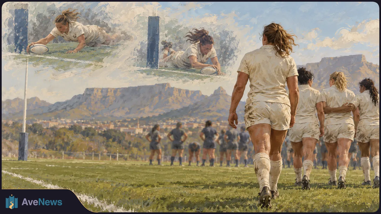 Painterly rugby scene: players in mud-stained white uniforms walk across a field toward players in grey, while two overlapping scenes above show a player diving with the ball near a goalpost. SI illustration