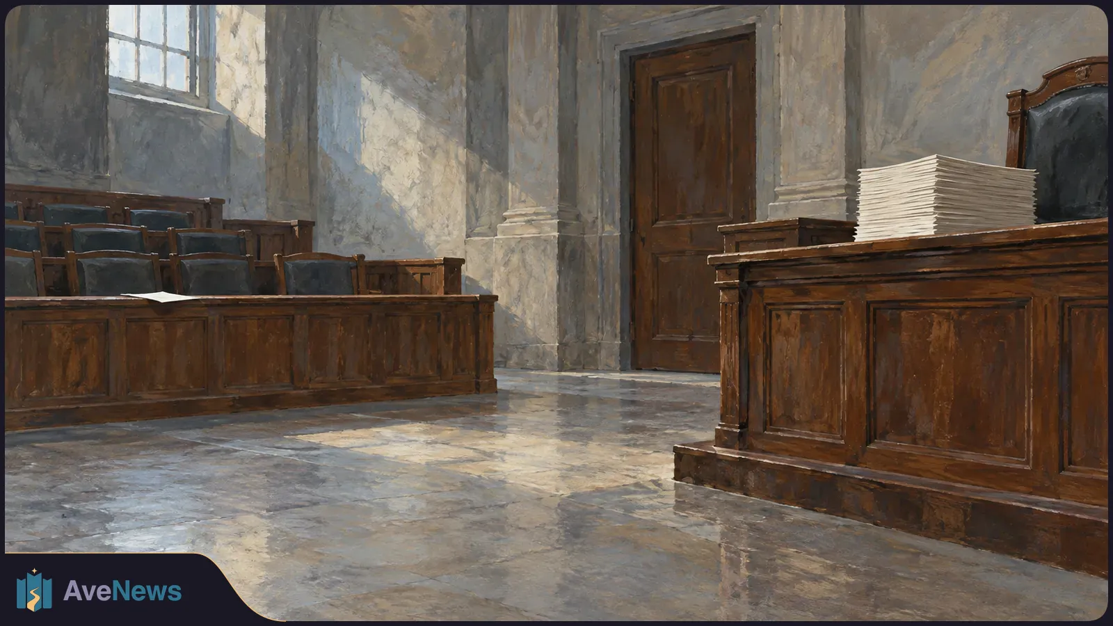 Painted, empty courtroom with wooden benches, a closed door and a tall stack of blank papers on the judge’s desk. SI illustration