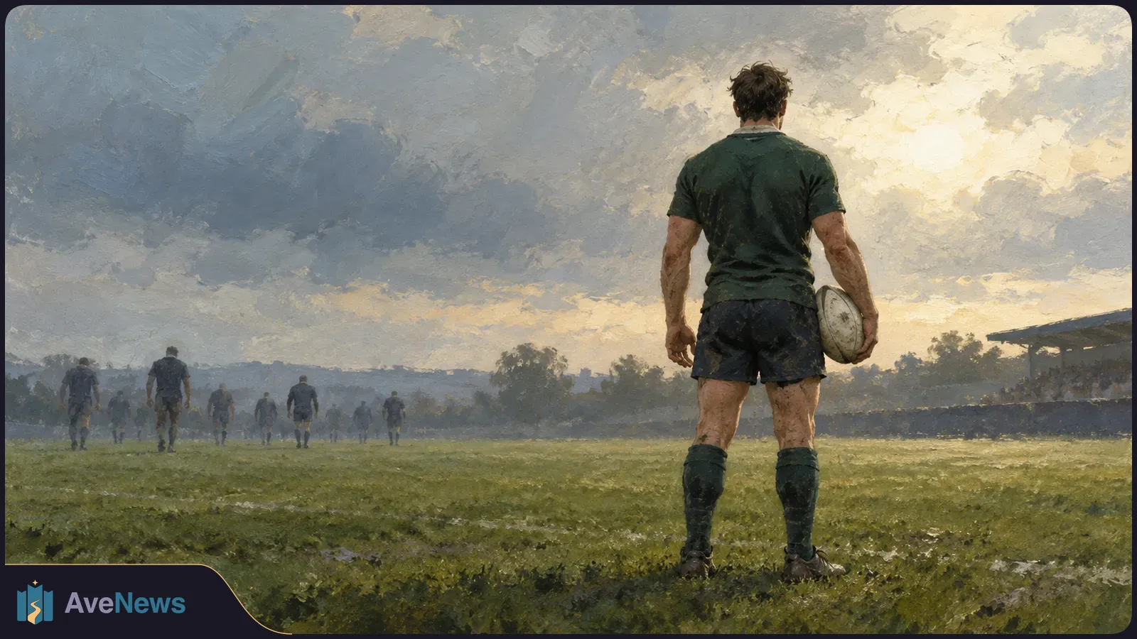 Painterly scene of a rugby player seen from behind holding a ball on a grassy field, with other players in the distance beneath a cloudy sky. SI illustration