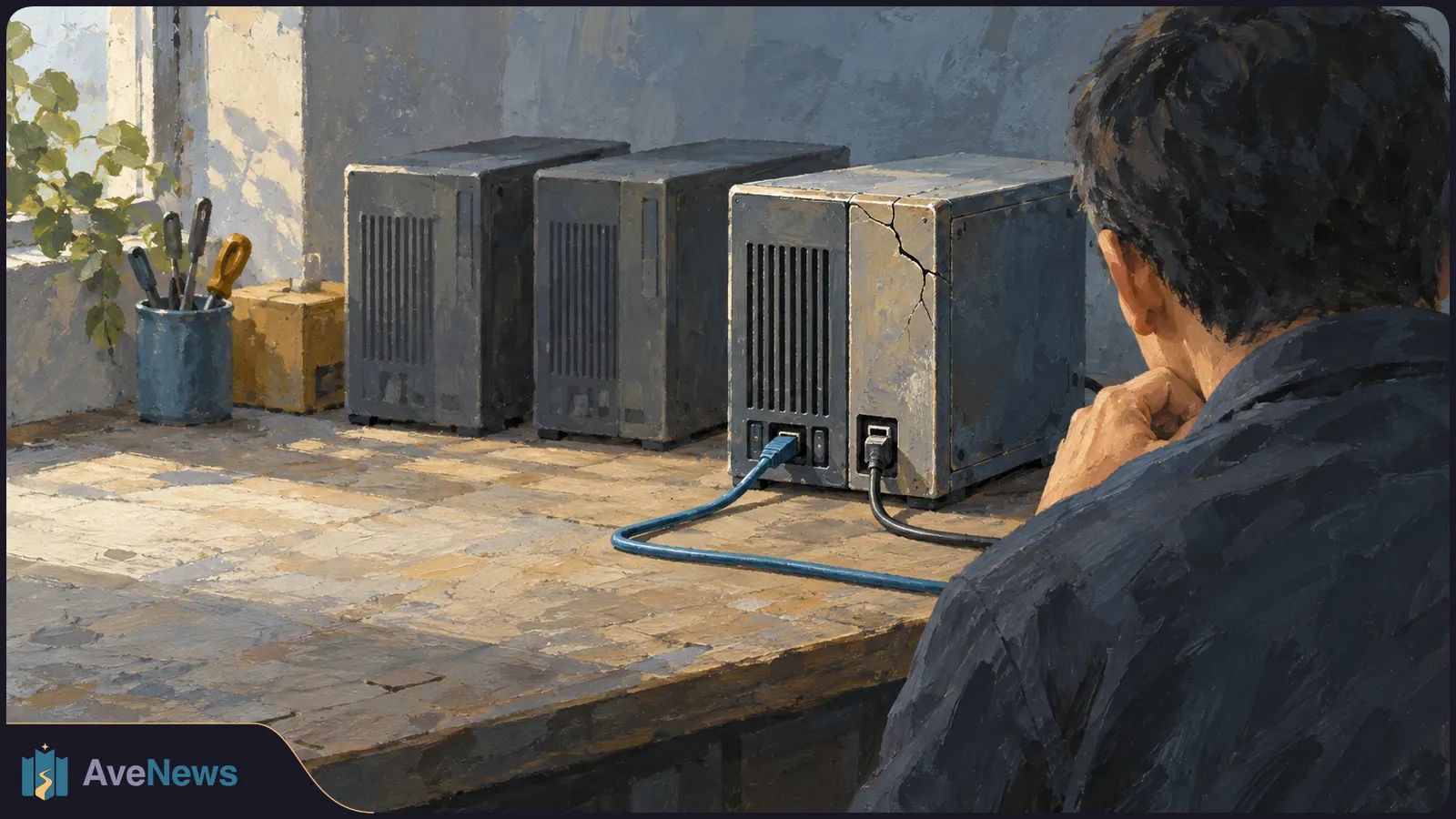 Painted scene of a person viewed from behind facing three gray server units on a wooden table. The nearest unit has a cracked corner and two connected cables. SI illustration