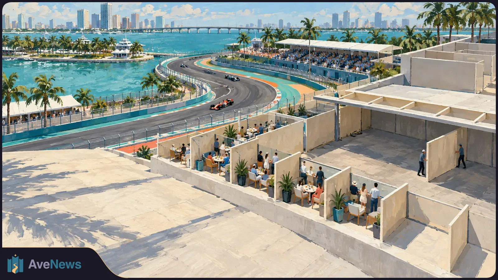 Race cars round a waterfront circuit beside palm trees and a crowded grandstand. Small walled hospitality suites with guests at tables fill the foreground. SI illustration