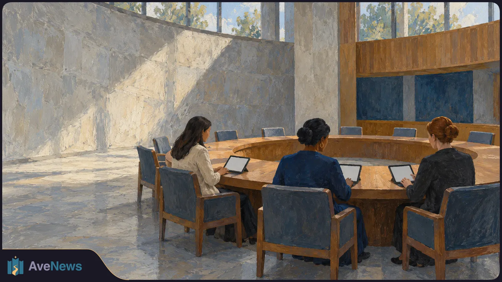 Three women sit with tablets around a circular table in a sunlit meeting room. SI illustration