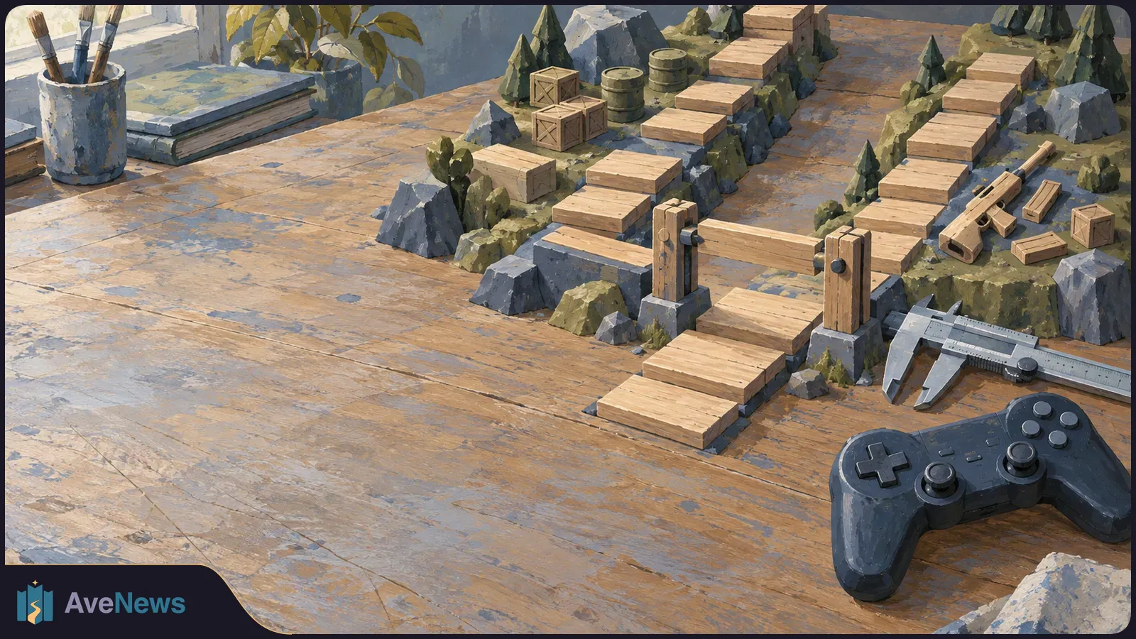 Painted tabletop scene of wooden steps crossing miniature rocky terrain, with a toy rifle, caliper and game controller. SI illustration