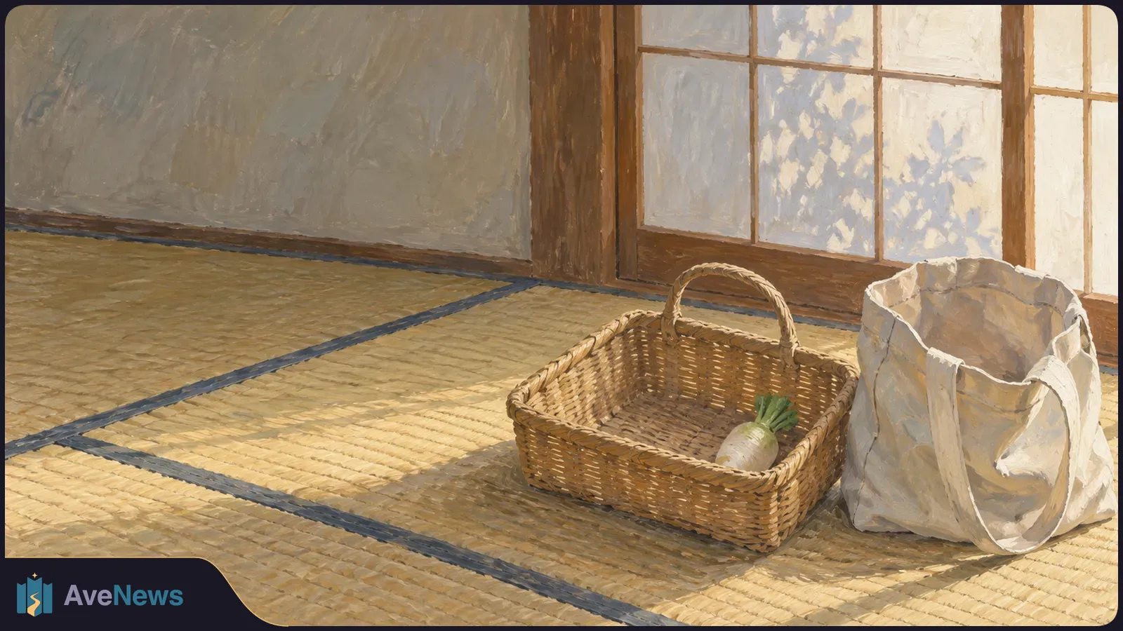 A wicker basket holding one white radish sits beside a pale cloth bag on a sunlit tatami floor by a paper-paneled window. SI illustration