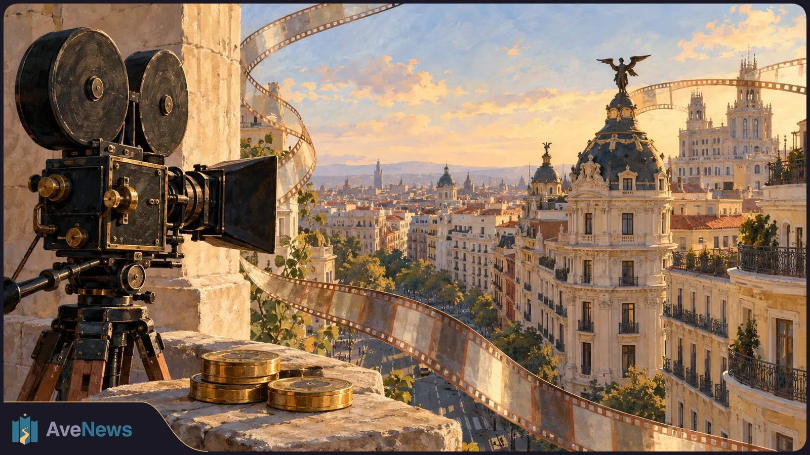 A vintage film camera and reels overlook a sunlit city skyline, while filmstrips curl across the sky and foreground. SI illustration