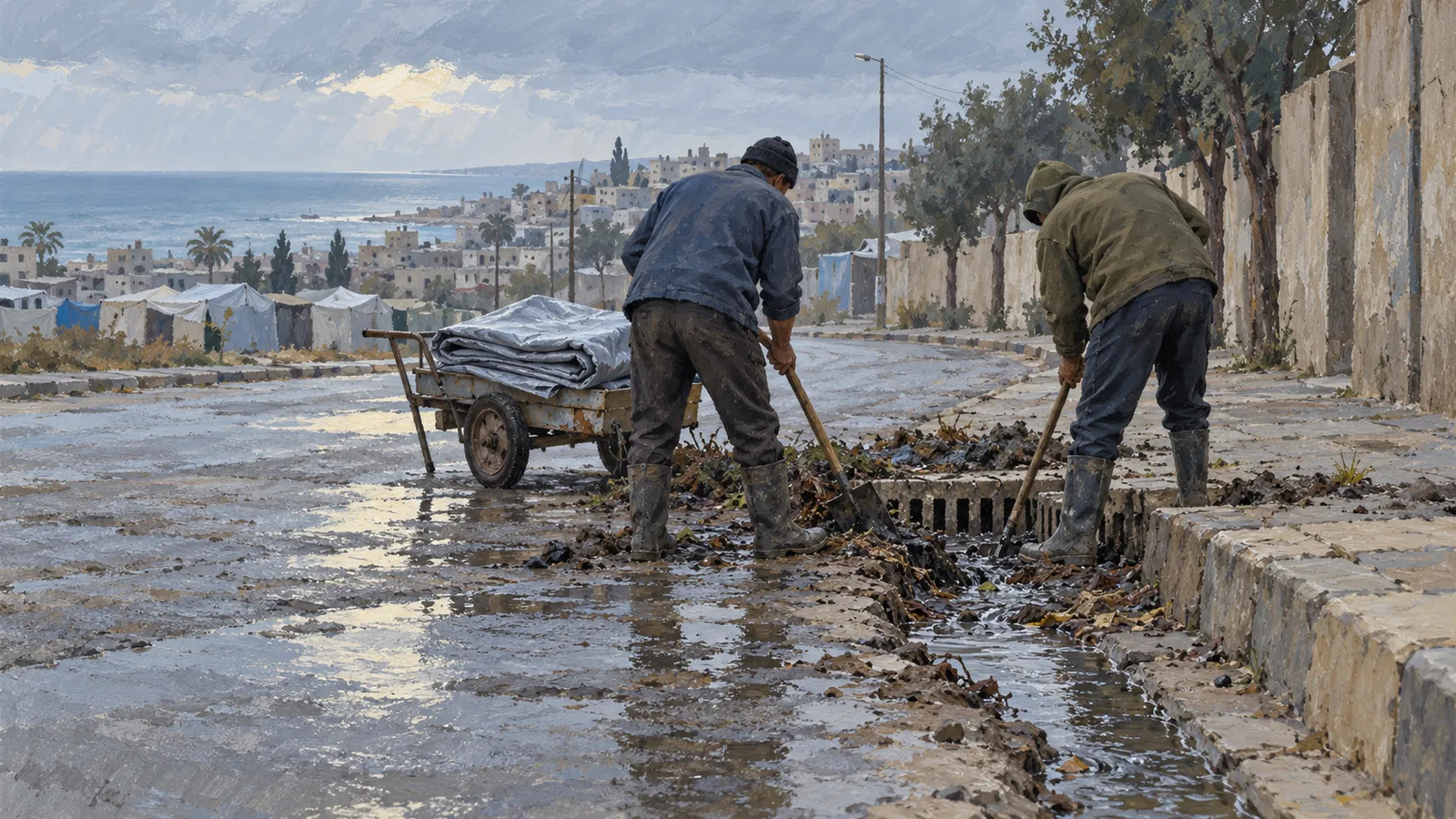 Illustration of two people clearing debris from a roadside drain on a wet street, with a handcart, tents and coastal buildings in the background. SI illustration