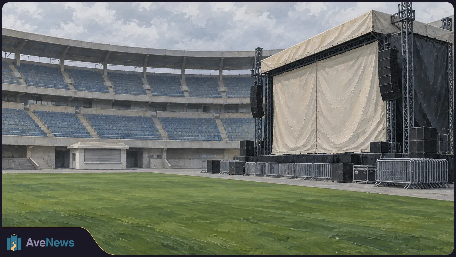 An empty stadium with blue seats and a large curtained concert stage beside the grass field. SI illustration