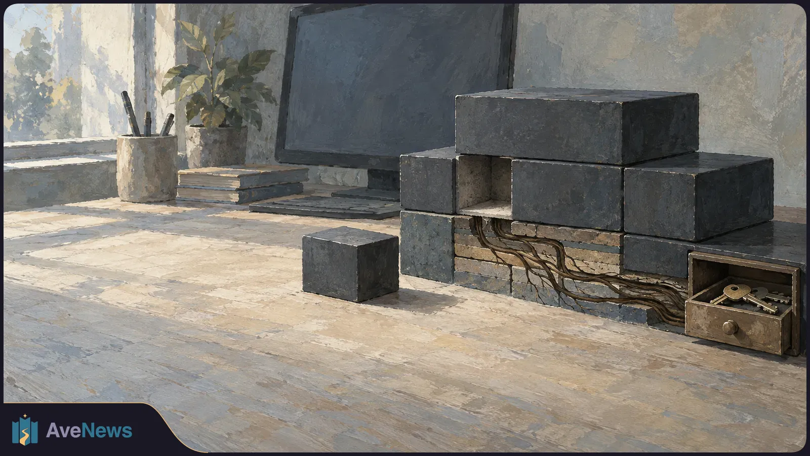 Painterly illustration of a loose dark block beside a stack of blocks, with exposed wires leading to an open drawer of keys. A blank monitor sits behind them. SI illustration