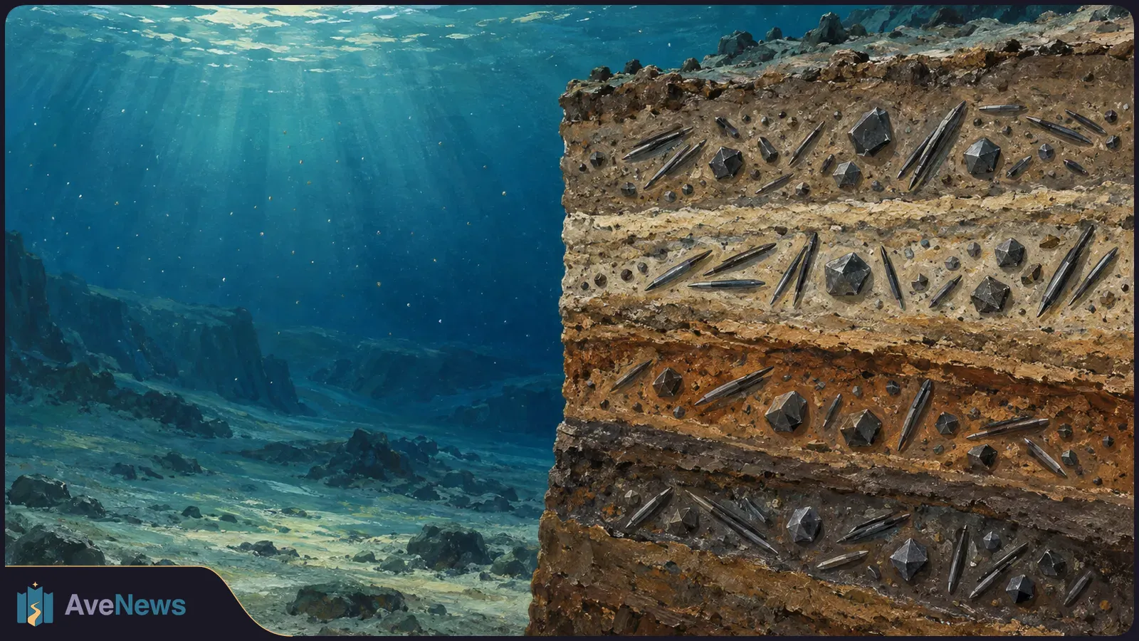 Painted underwater scene with sunlit blue water and a rocky seabed beside a cutaway of layered sediment containing dark, needle-like and angular crystals. SI illustration