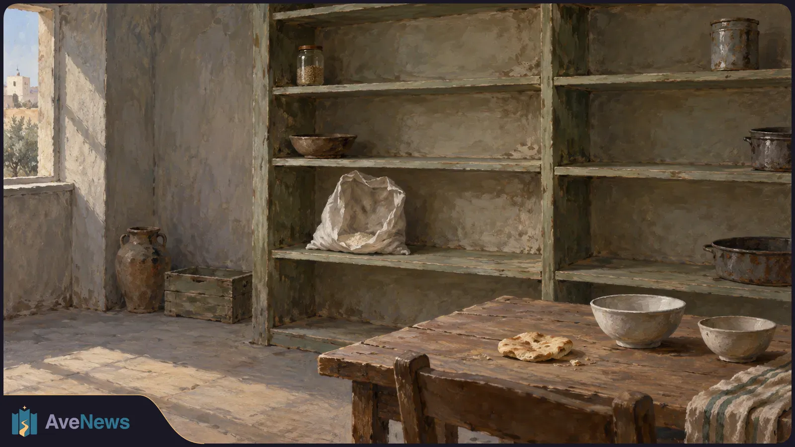 Painted interior with mostly empty shelves, a jar, pots and an open sack. A piece of flatbread and two bowls sit on a wooden table beside a sunlit window. SI illustration