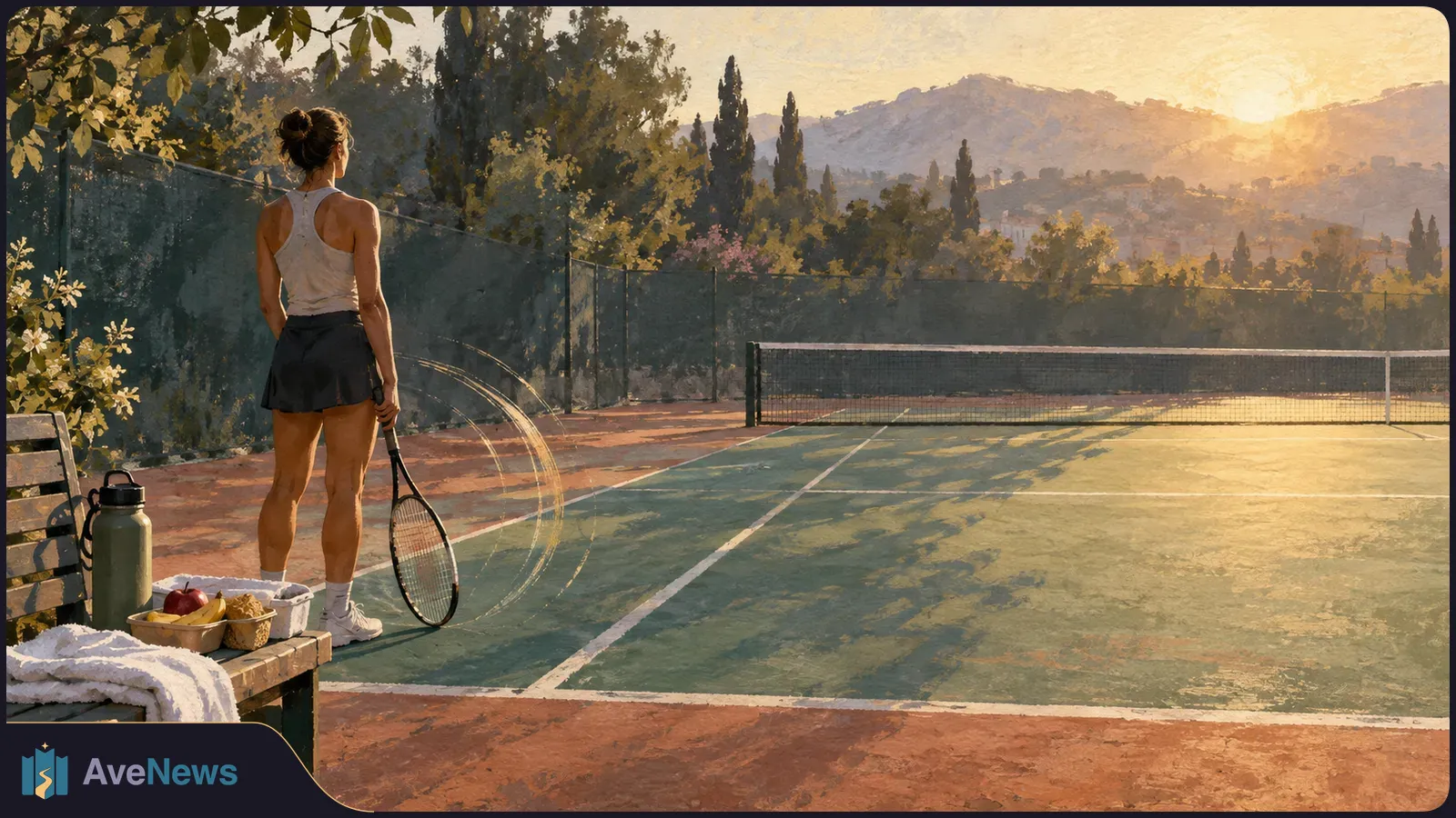 Illustration of a woman holding a racket beside an empty tennis court at sunset, with fruit, a water bottle and a towel on a nearby bench. SI illustration