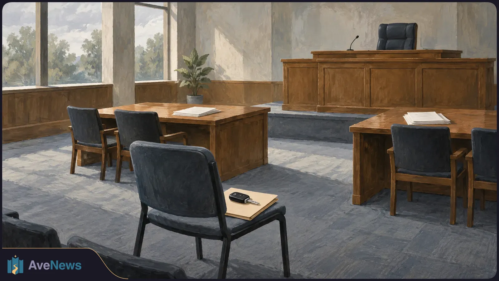 Painted empty hearing room with a raised wooden bench, tables and dark chairs. A car key rests on a folder on a foreground chair. SI illustration