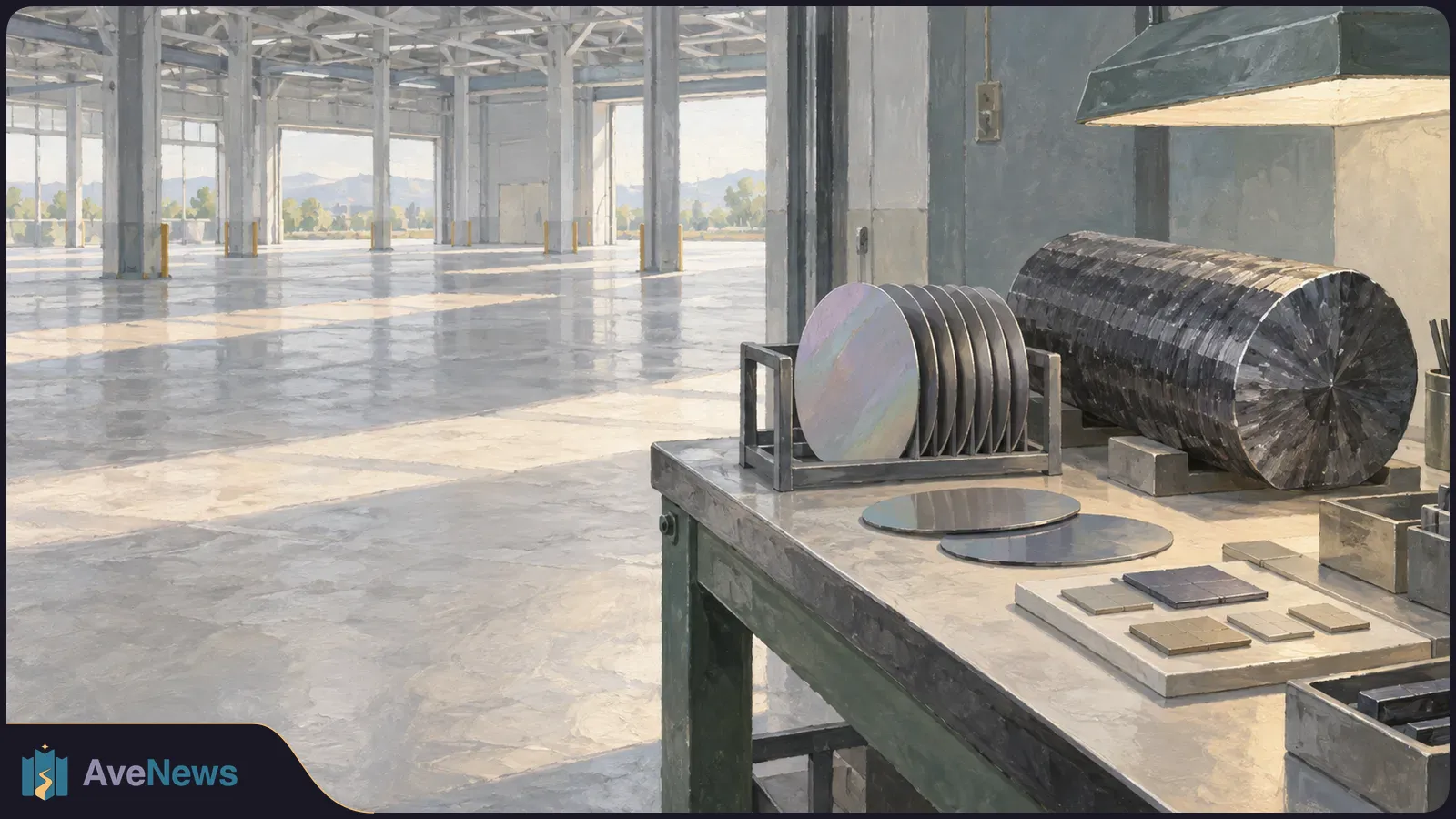 Illustrated industrial hall with a workbench holding a dark cylindrical ingot, stacked circular wafers and small rectangular pieces. SI illustration