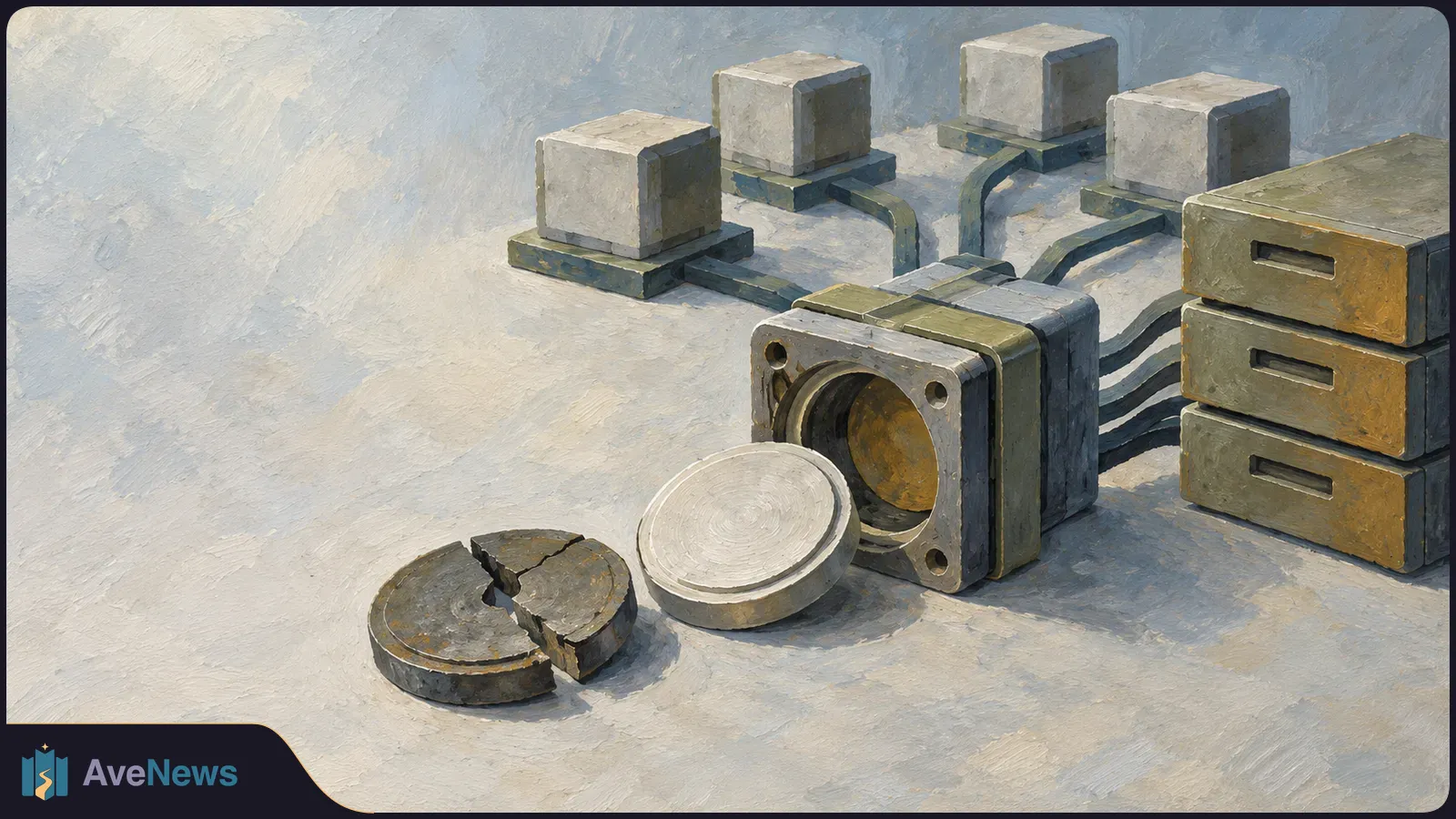 Painted storage unit with an open circular port, a cracked disk and a pale disk in front. Cables link it to four blocks and a stack of drawers. SI illustration