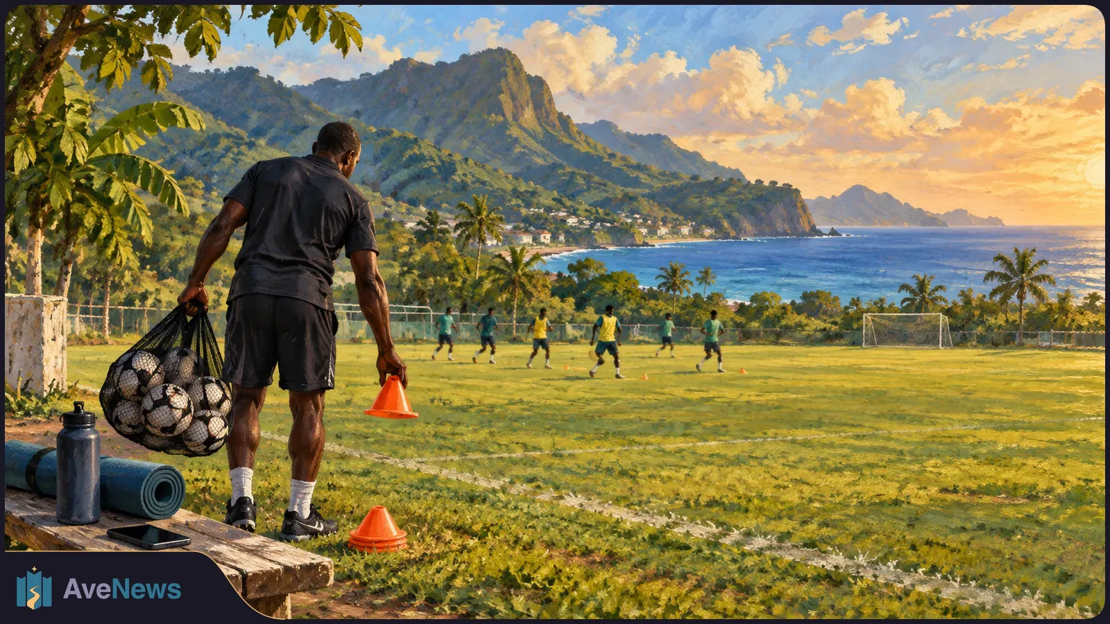 A man carrying footballs and an orange cone watches players train on a coastal pitch, with a goal, palm trees, mountains and sea beyond. SI illustration