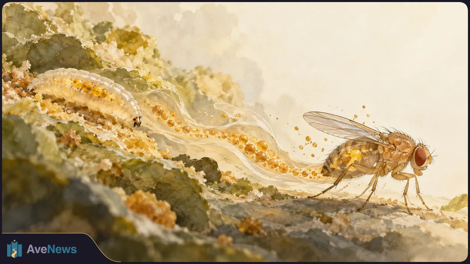 A pale segmented larva on crumbly food at left and a winged fruit fly at right, linked by a translucent ribbon dotted with golden beads. SI illustration
