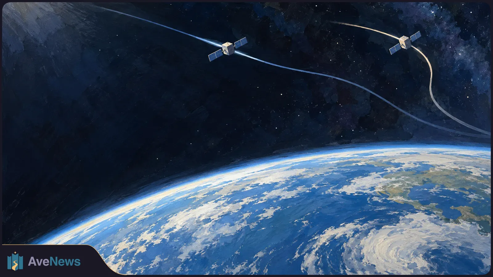 Painterly view of Earth from space, with two small satellites above it and curved blue and pale-gold paths crossing a starry sky. SI illustration