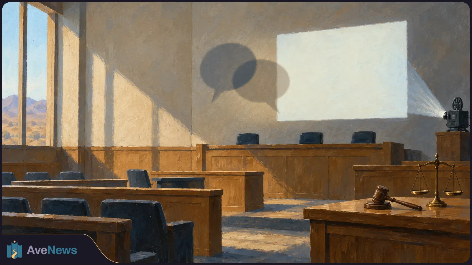 Illustrated empty courtroom with a projector casting a blank image on the wall. Two speech bubbles appear beside it; a gavel and scales sit in the foreground. SI illustration