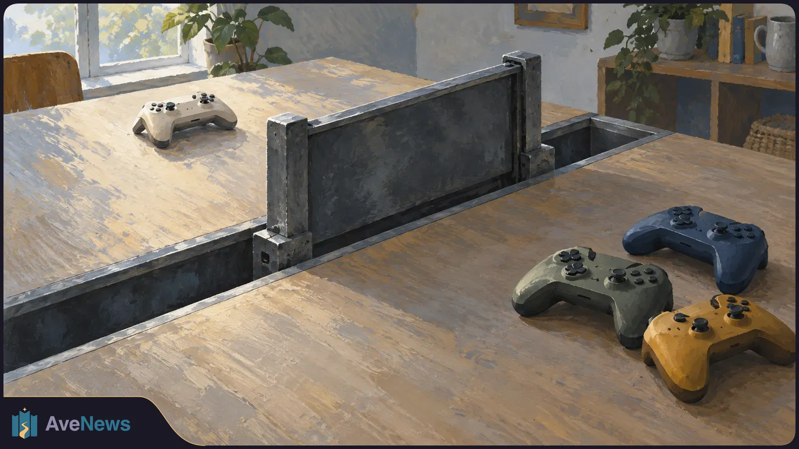 Painterly illustration of four game controllers on opposite sides of a dark divider built into a wooden table, with a window and plants behind it. SI illustration