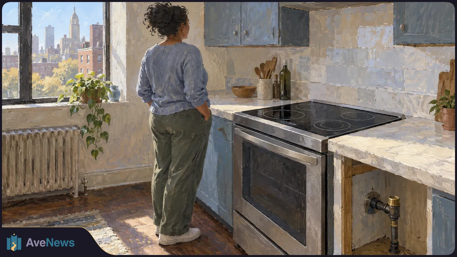 Painterly illustration of a woman standing in a sunlit kitchen beside an electric stove, with a city skyline visible through the window. SI illustration