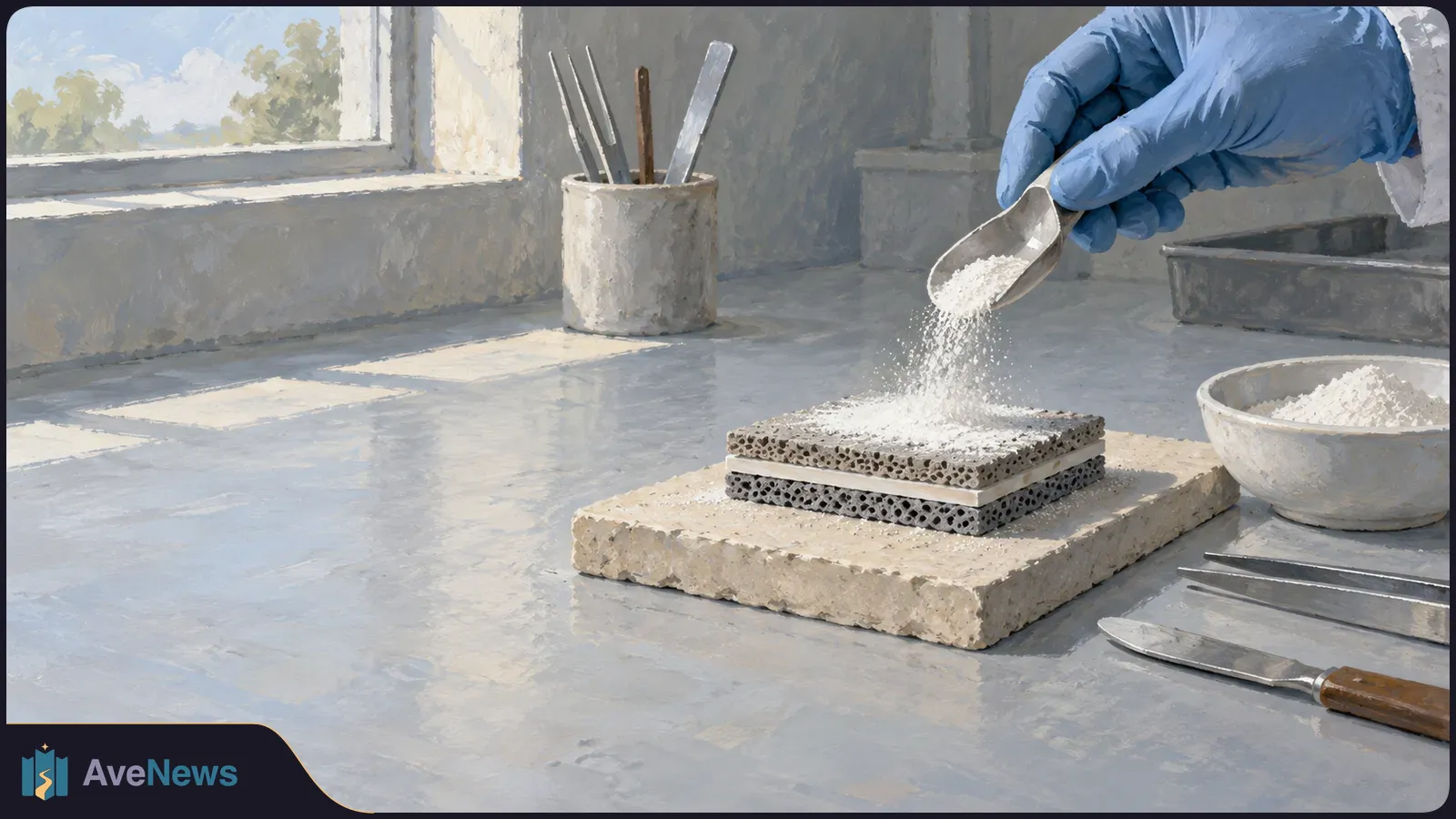 A blue-gloved hand pours white powder onto stacked porous ceramic slabs on a workbench, beside a bowl of powder and metal tools. SI illustration