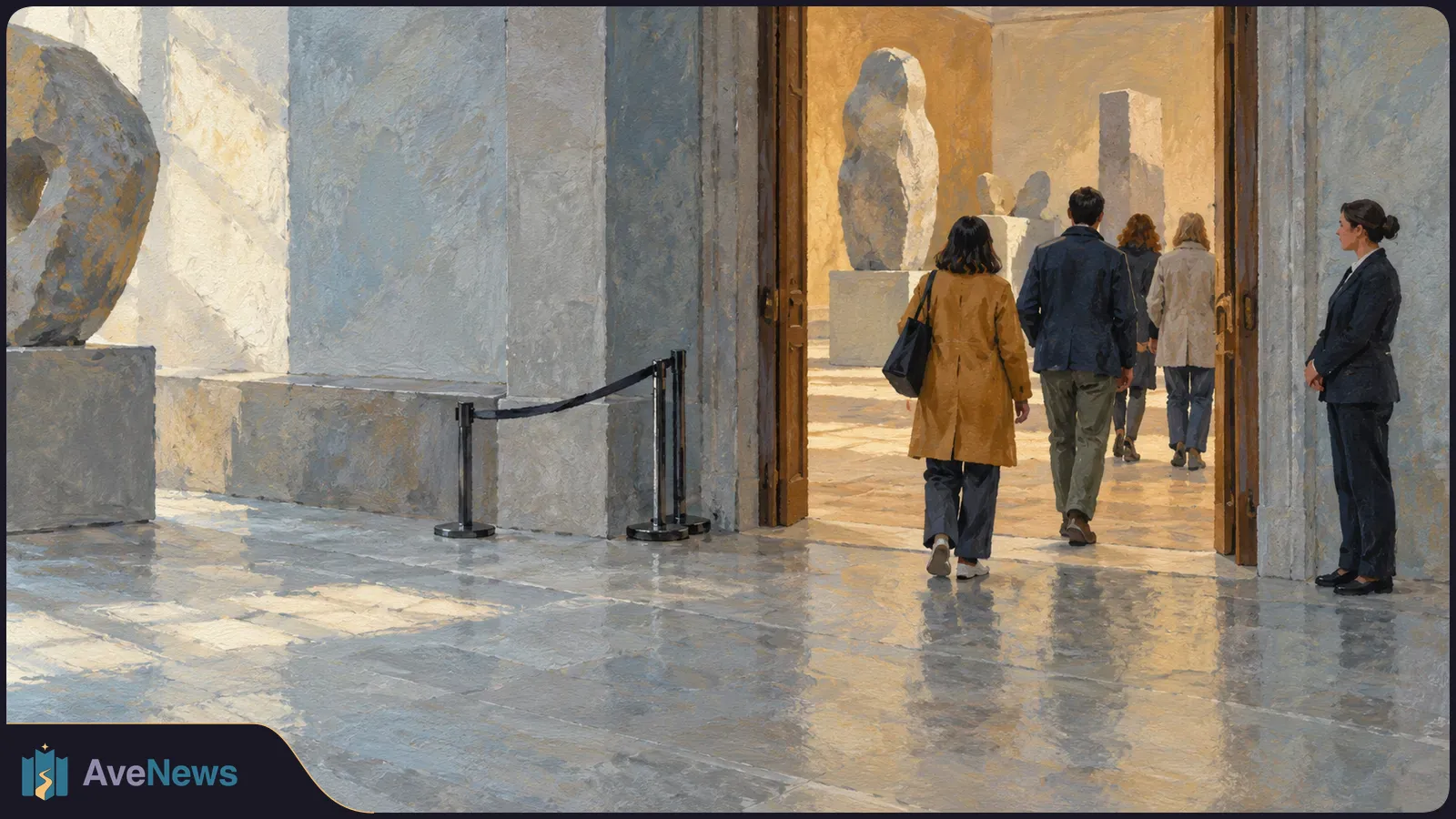 Painterly view of visitors walking through a museum doorway toward stone sculptures; a staff member stands to the right. SI illustration