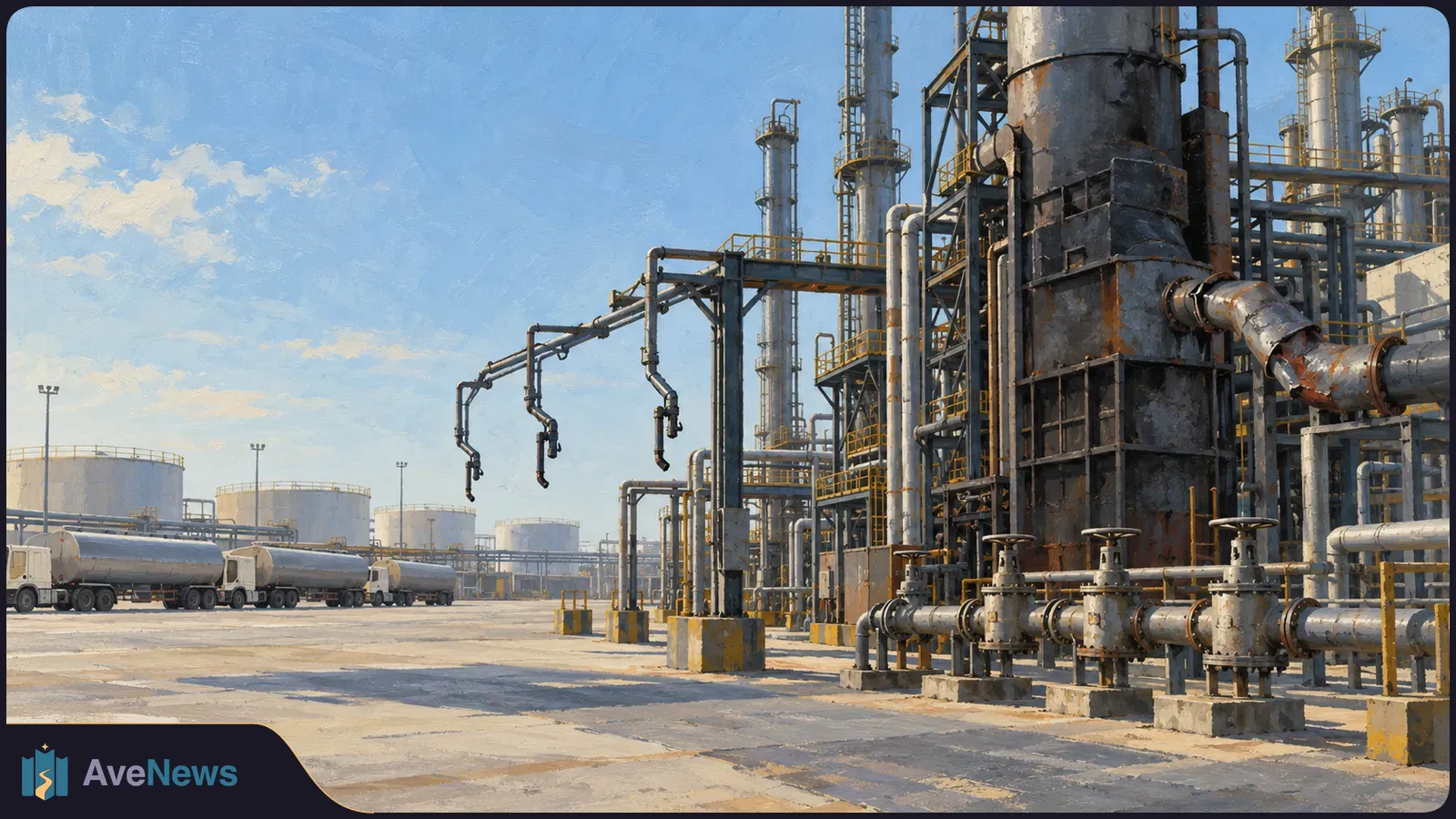 A painted refinery scene with tall processing towers, pipes and valves. Tanker trucks and storage tanks stand across a sunlit concrete yard. SI illustration