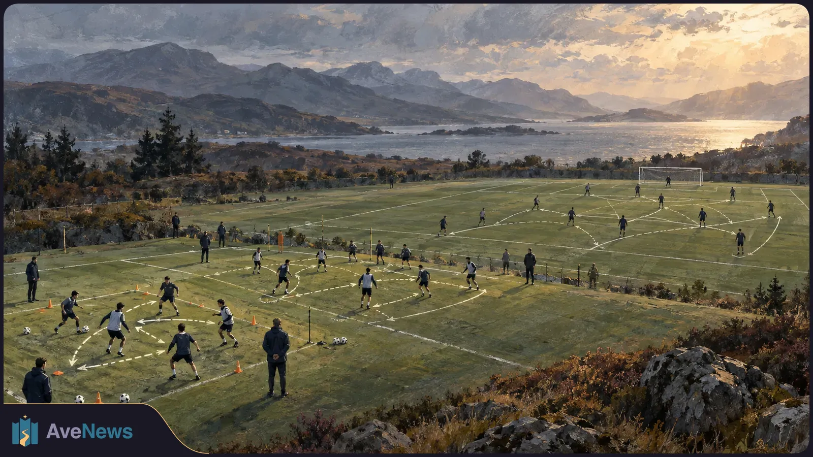 Painted view of football players training on pitches beside a mountain lake, with coaches on the sidelines and white dashed arrows marking movement patterns. SI illustration