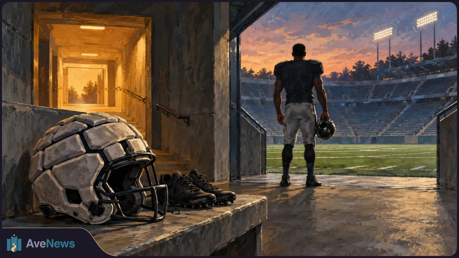 An American football player stands at a stadium tunnel entrance at sunset, holding a helmet. An oversized, stone-like helmet and cleats sit in the foreground. SI illustration