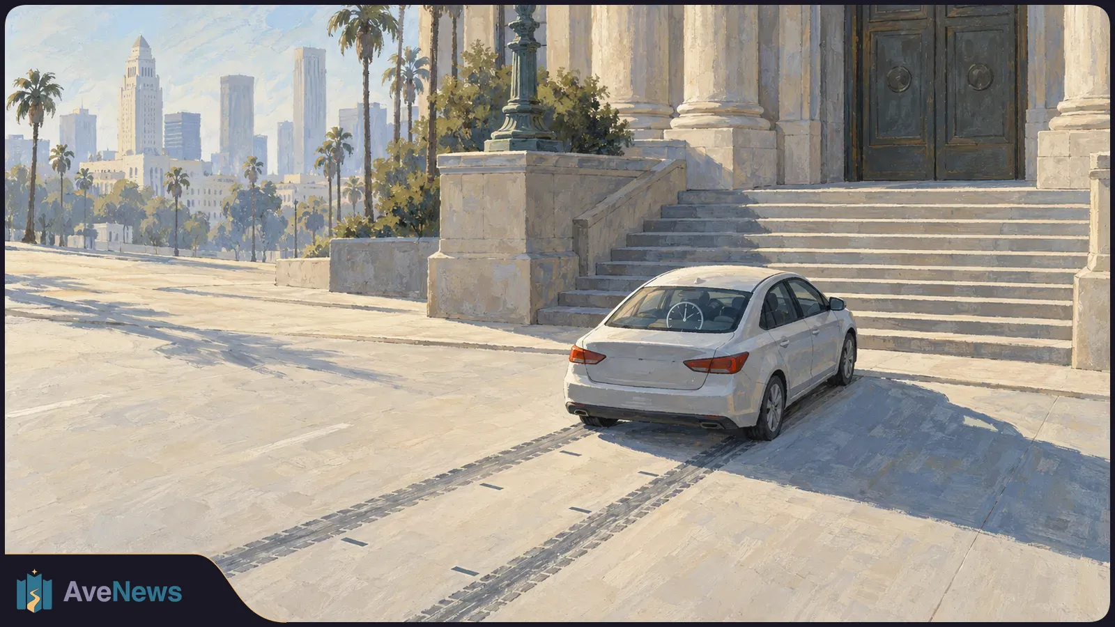 Painted scene of a white sedan parked before the broad steps of a columned building, with palm trees and city towers in the background. SI illustration