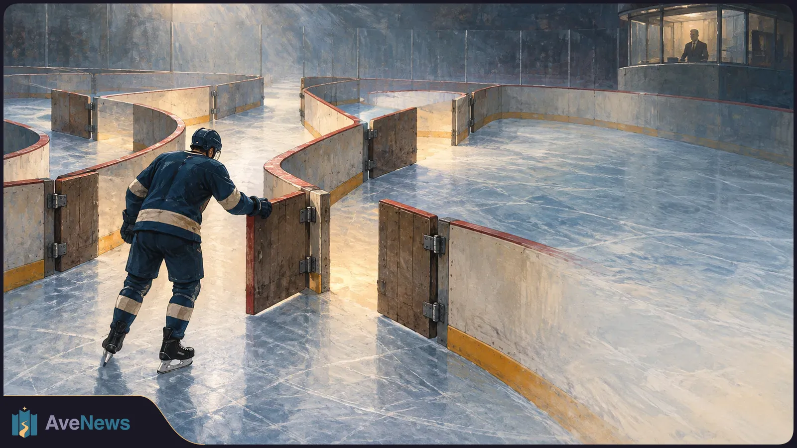 A hockey player in dark gear reaches for an open gate among maze-like rink boards, while a suited figure watches from a glass booth. SI illustration