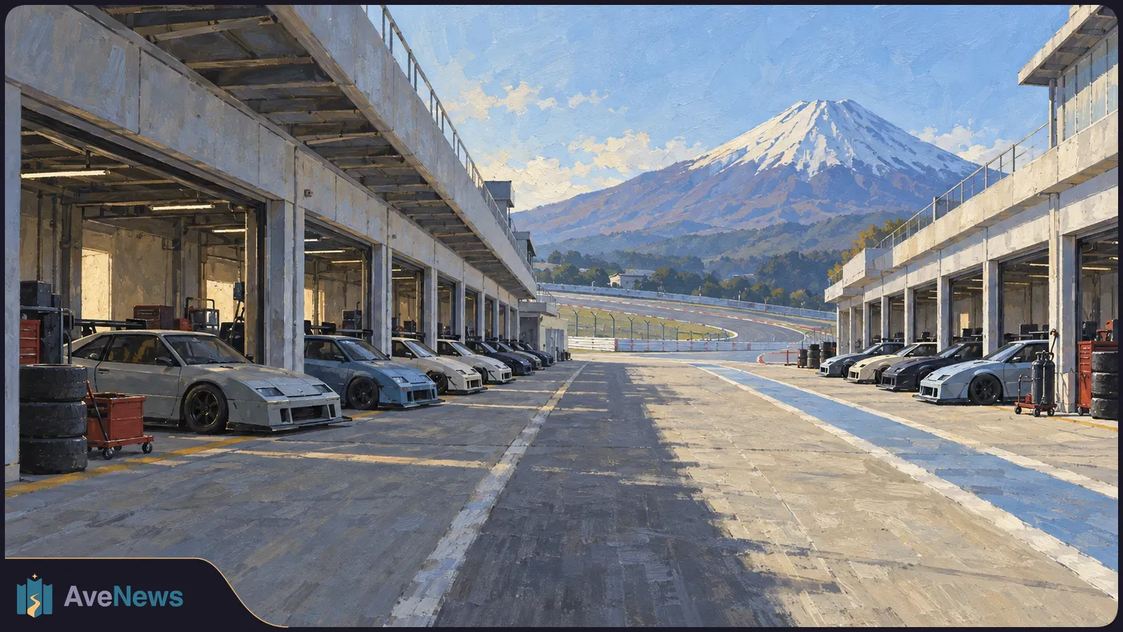Painted view down a pit lane, with race cars lined up in open garages, a curving track and snow-capped Mount Fuji in the distance. SI illustration