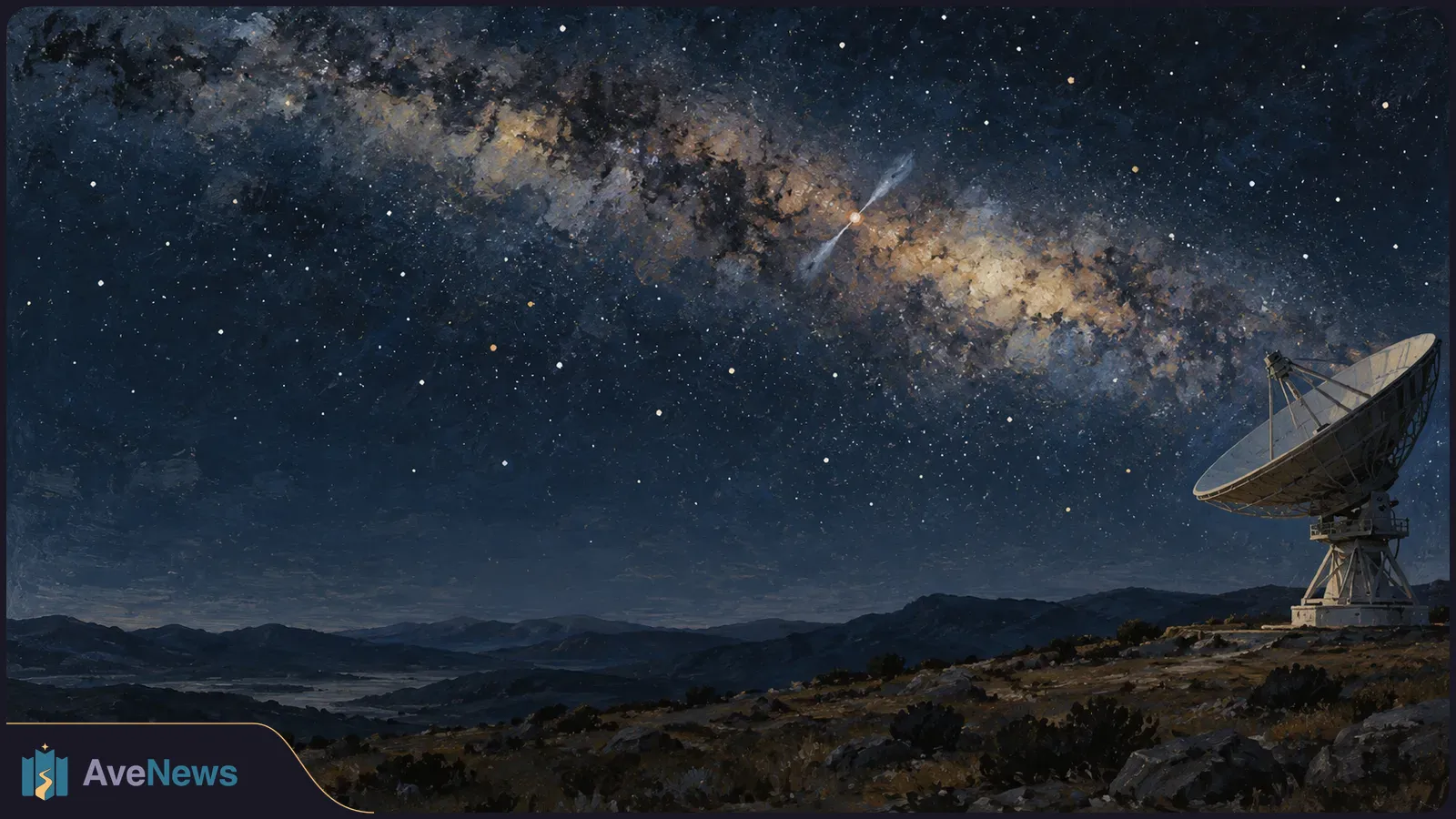 A radio telescope on a rocky ridge beneath the star-filled Milky Way; a small bright point with two opposing blue jets appears in the sky. SI illustration