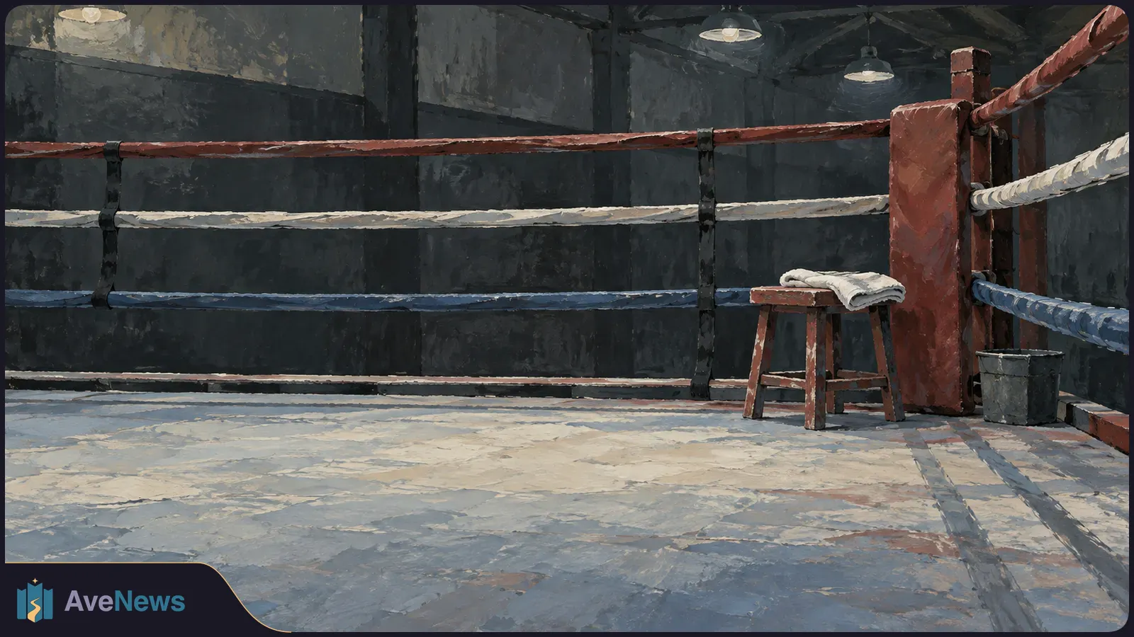Painted view of an empty boxing ring, with a stool holding a folded towel and a bucket beside the corner post. SI illustration