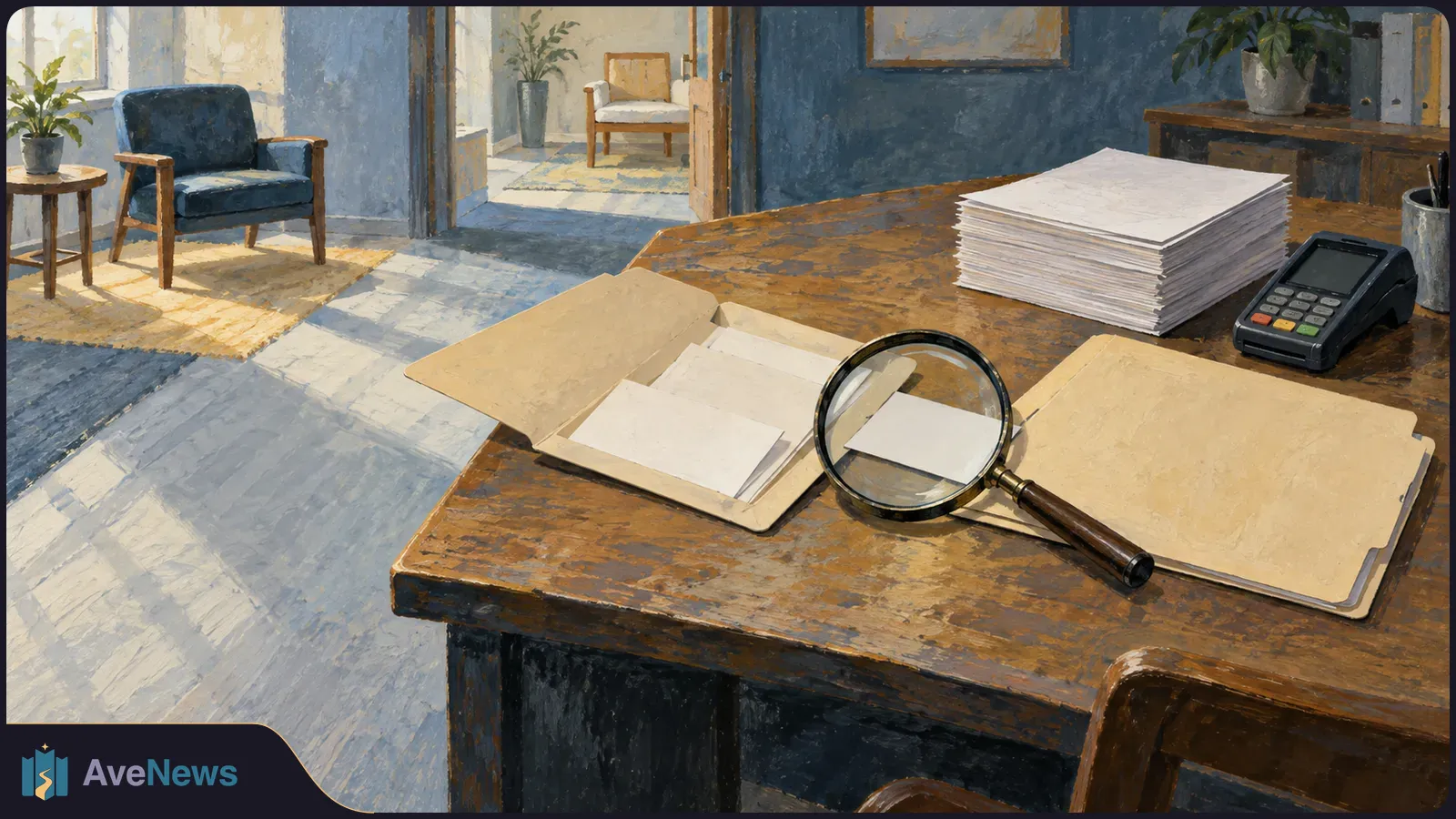 Painted office scene with open folders, blank papers and a magnifying glass on a wooden desk. A stack of papers and a card terminal sit nearby; empty chairs are in the background. SI illustration