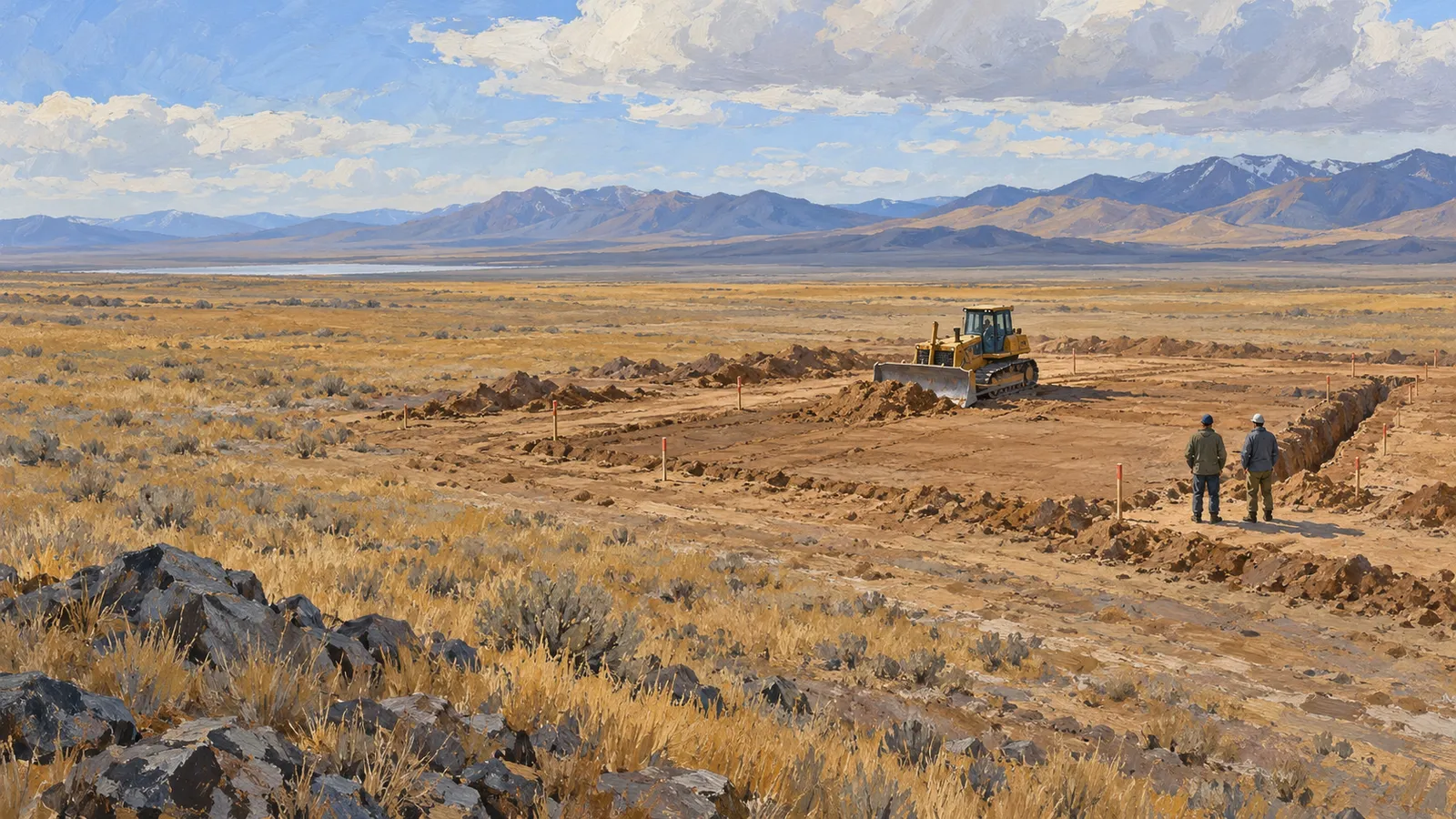 A painted view of a bulldozer clearing earth beside a trench, with two people standing nearby on a dry plain beneath distant mountains. SI illustration