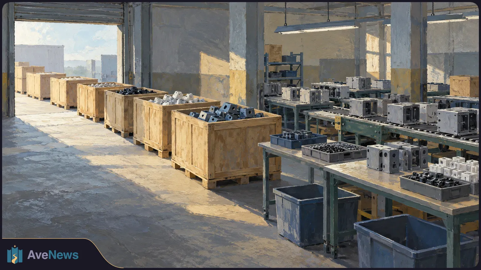 Painterly factory interior with wooden crates of metal parts beside conveyor belts and worktables holding machined components. SI illustration