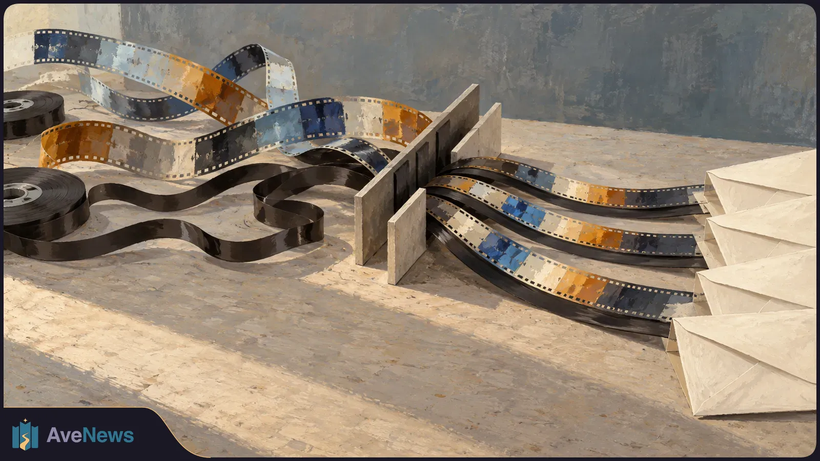 Illustration of film reels and looping blue, orange and black film strips passing between upright panels toward a stack of cream envelopes. SI illustration