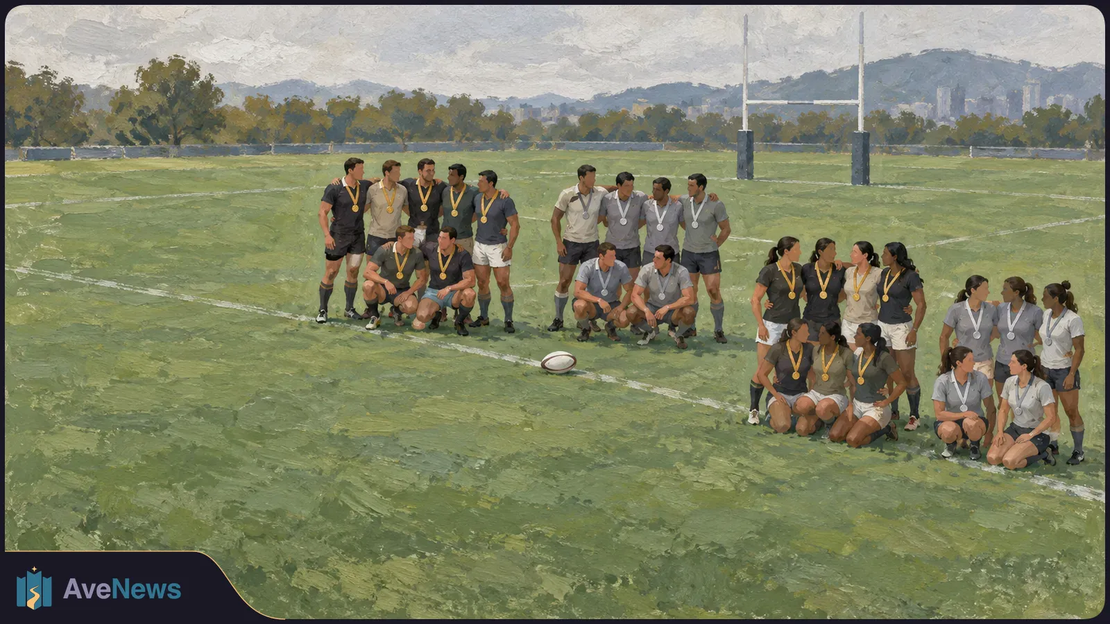 Painted scene of men's and women's rugby teams wearing gold and silver medals on a field, with a rugby ball between them and goalposts behind. SI illustration
