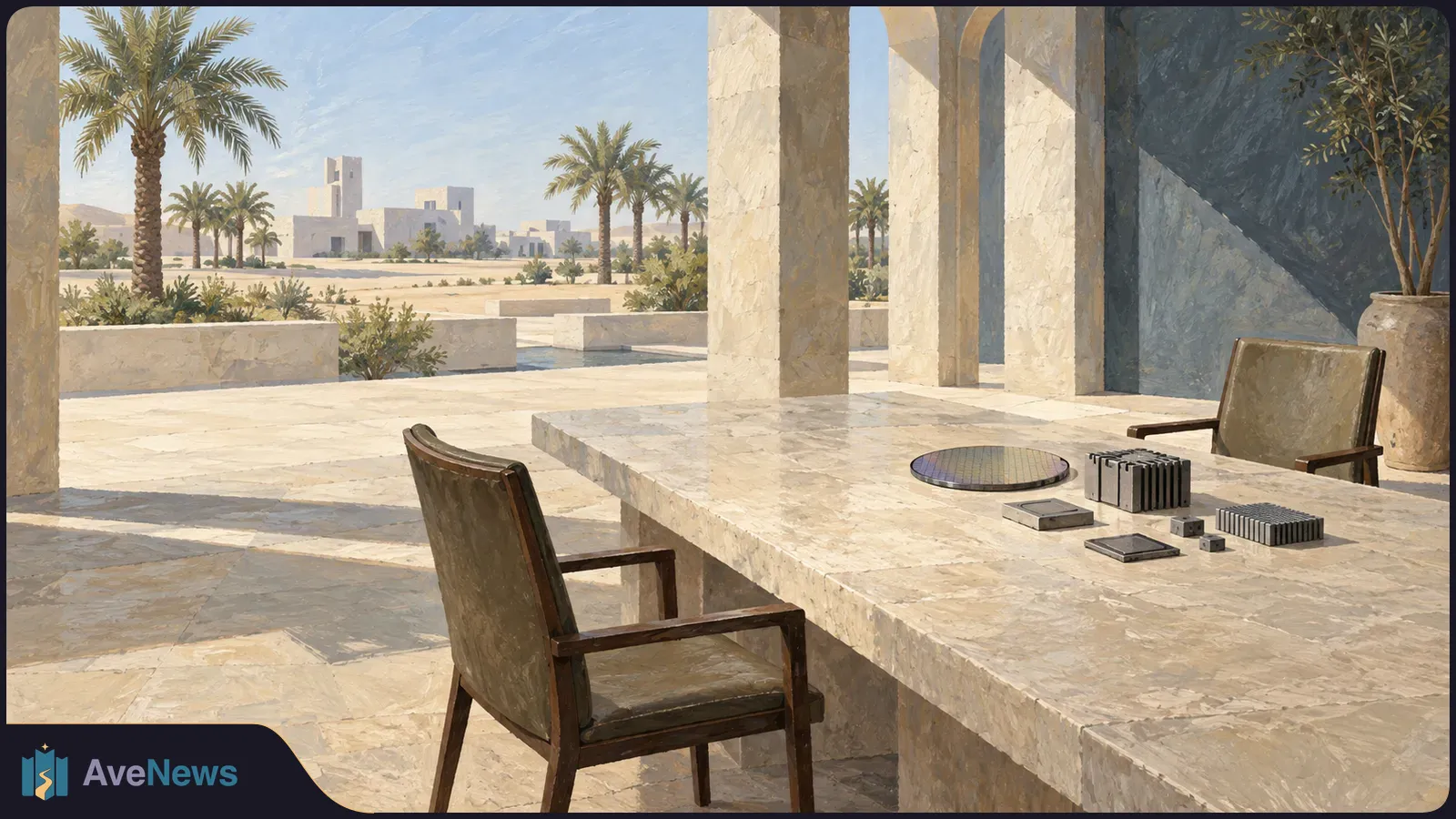 Illustration of computer chips and a round wafer on a stone table between empty chairs, overlooking a sunlit courtyard with palm trees and pale buildings. SI illustration