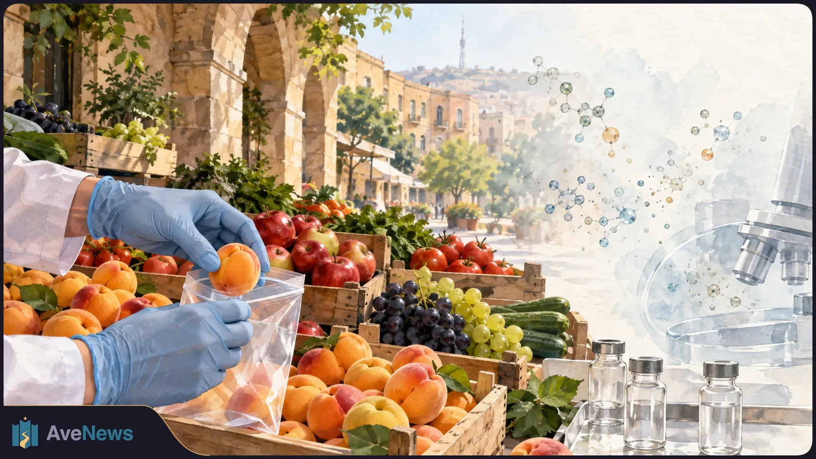 Blue-gloved hands place an apricot in a clear bag beside crates of fruit and vegetables; a microscope, glass vials and molecule drawings appear at right. SI illustration