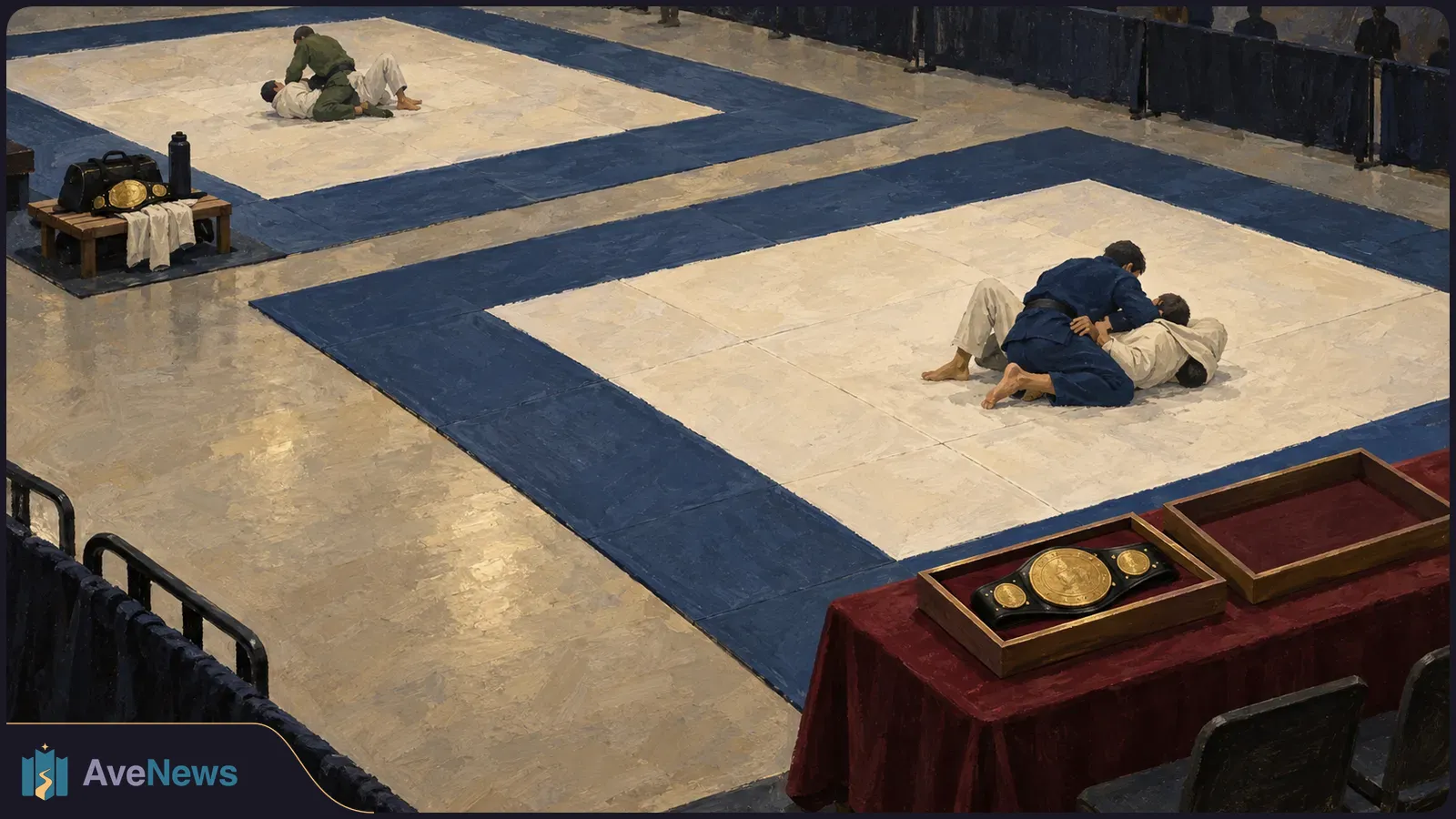 Painted view of two pairs grappling on blue-bordered mats, with gold-plated belts displayed beside them. SI illustration