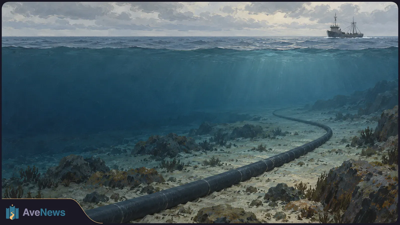 Illustration of a dark cable winding across a rocky seabed beneath choppy water, with a distant fishing vessel on the horizon under cloudy skies. SI illustration