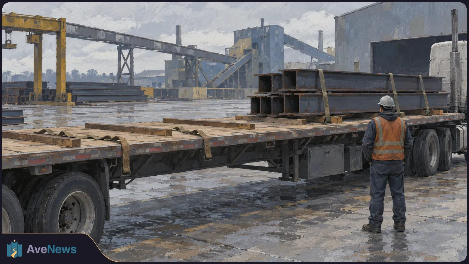 Painted industrial yard with stacked steel beams on a flatbed truck. A worker in a hard hat and orange safety vest stands beside it; cranes and factory buildings are in the background. SI illustration